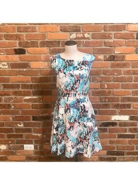 French Connection Womens Blue Watercolor Sleeveless Fit N Flare Dress Size 4